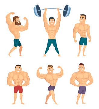 Cartoon characters of strong and muscular bodybuilders posing in different poses