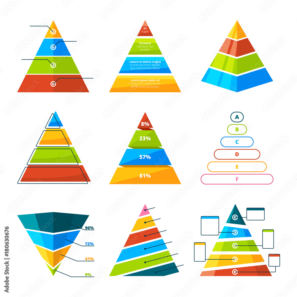 Poster Set of different triangles and pyramids with levels. Vector symbols for infographic