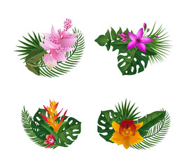 Fototapeta na wymiar Vector tropical palm leaves and exotic flower elements bouquets isolated on white background