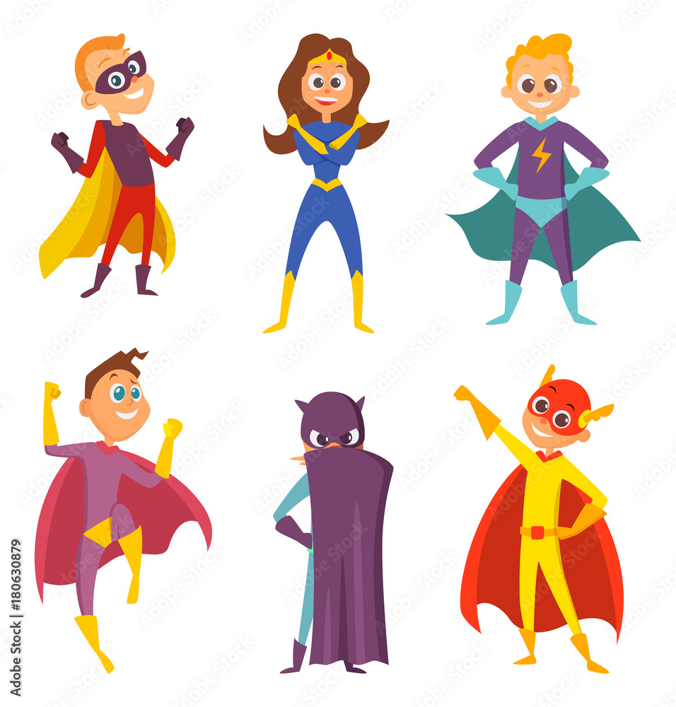 Wall mural Funny childrens. Superheroes boys and girls in action poses. Cartoon characters set isolate on white