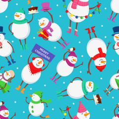 Christmas seamless pattern with funny characters of snowman