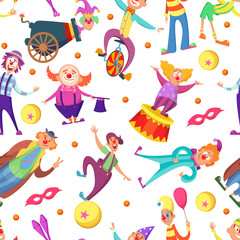 Fototapeta na wymiar Background for greeting cards. Seamless pattern with funny clowns in cartoon style