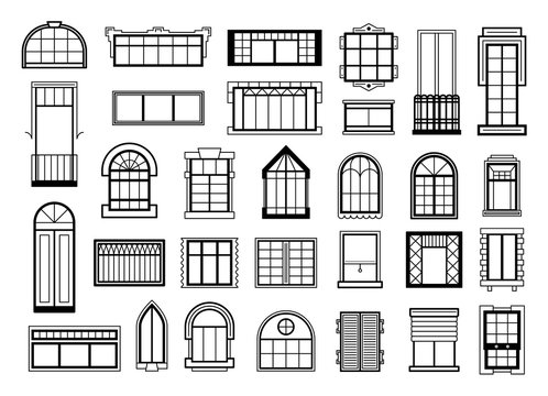 Vector illustrations set with different silhouettes of window frames