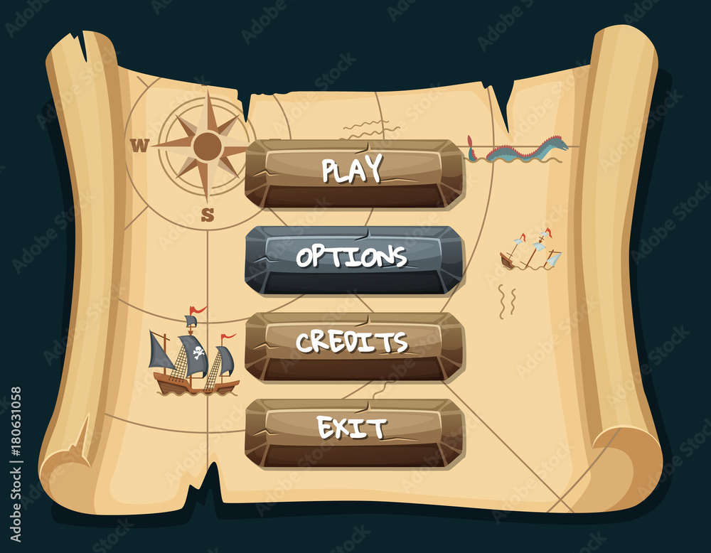 Poster Vector cartoon style stone enabled and disabled buttons with text for game design on treasure map scroll background