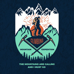 Exploring. Vintage poster of mountain climbing. Travel label