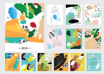 Naklejka premium Modern 2018 monthly calendar with hand drawn paintings and textures.