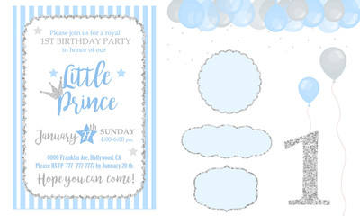 Blue and silver prince party decor. Cute happy birthday card template elements. Birthday party and boy baby shower design elements set. Glitter texture.  Gloss effect. Banner with balloons