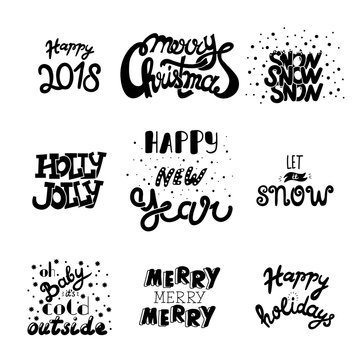 Vector hand drawn Christmas and New Year quotes and wishes. Hand draw lettering collection.