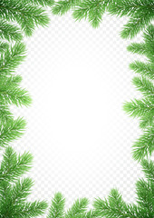 Christmas holiday greeting card background template of New Year fir or pine tree branch wreath frame of snow frost. Vector Christmas or New Year party or sale banner design on transparent white