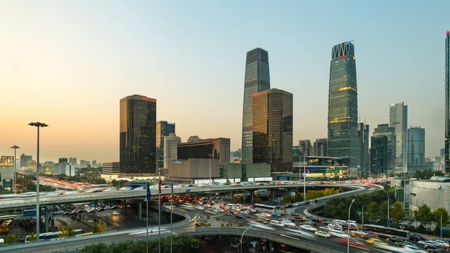 Timelapse of downtown cityscape from day to night,Beijing,China.