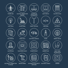 Electricity engineering vector flat line icons. Electrical equipment, power socket, torn wire, energy meter, lamp, wiring design, multimeter. Electrician services signs, house repair illustration.