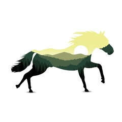Image silhouette of horse with mountain landscape. Green and yellow tones. © yik2007