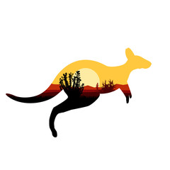 Image silhouette of jumping australian kangaroo with desert bush.