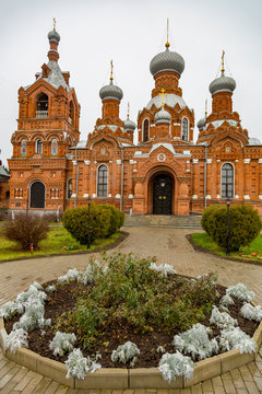 DARNA, RUSSIA - NOVEMBER 11, 2017: Red brick facade of the Temple of the Cross Exaltation
