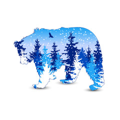 Silhouette of bear with winter woodland. Snowing.