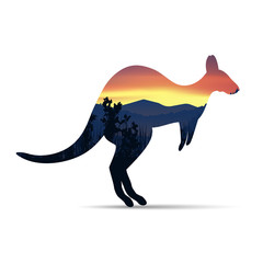 Obraz premium Silhouette of kangaroo with panorama of mountains. Valley(canyon). Evening. Aurora.
