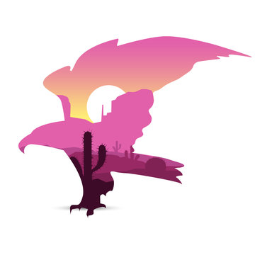 Silhouette of western eagle with rocks. Violet tones.