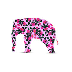  Silhouette of elephant with pink poppies on the pastel pink background. Ukrainian style.