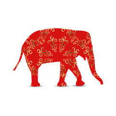 Silhouette of elephant with vintage curls. Golden and red shades.