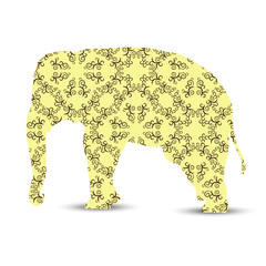  Silhouette of elephant with vintage  curls. Yellow and brown shades.