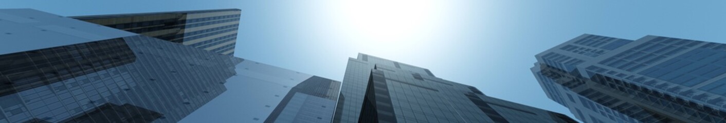 Fototapeta na wymiar skyscrapers against the clouds, modern buildings view from below, banner 