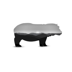 Silhouette of hippo with african landscape. Dusk. Grey tones.