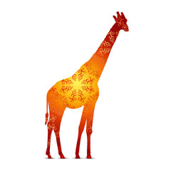 Silhouette of giraffe with retro ornament background. Red and yellow tones.