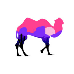Silhouette of camel with abstract colors of desert. Evening.