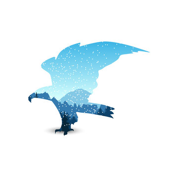 Silhouette of eagle with big wings. Wilderness. Blue tones. Snowing.