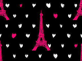 Fototapeta na wymiar Seamless Paris pattern with Eiffel Tower and hearts. French vector background. Perfect for wallpapers, web page background, surface texture, textile, invitation, clothing, designs product, accessories