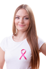 Woman wih pink cancer ribbon on chest