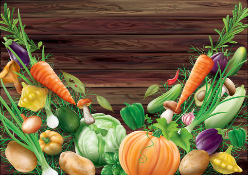 Different vegetables on a wooden background