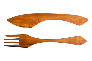 Wooden knife and fork isolated on white