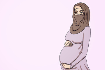 arabic muslim pregnant woman in hijab prepared for maternity.