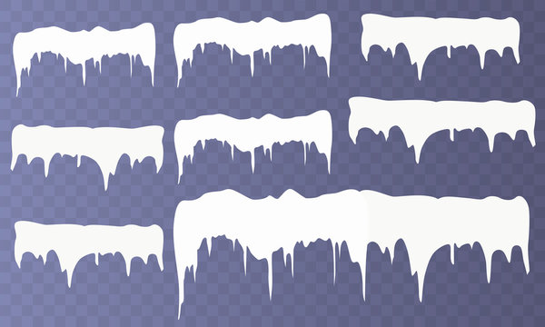 Set of snow icicles isolated on transparent background. Vector illustration