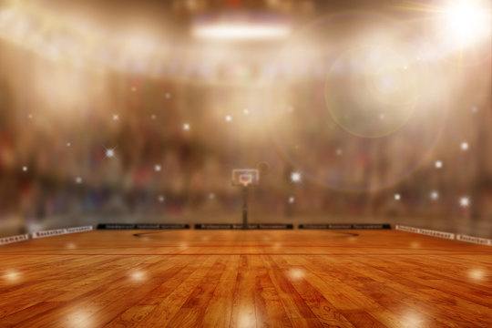 Basketball Arena With Special Lighting and Flashes in the Stands Plus Copy Space