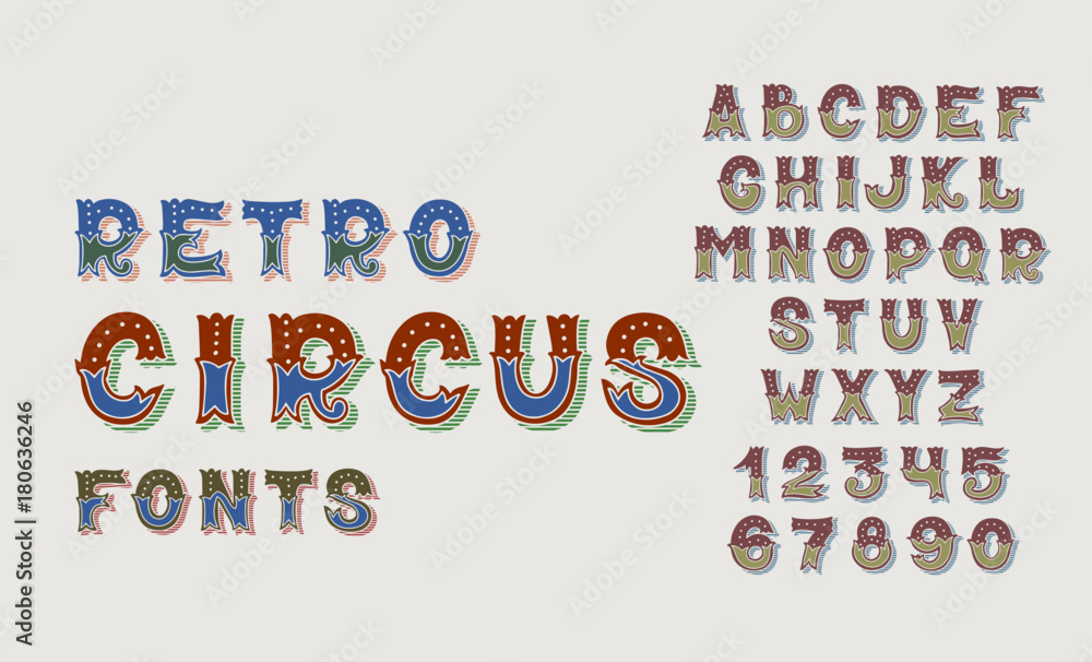 Wall mural doodle retro circus fonts and numbers alphabet design set