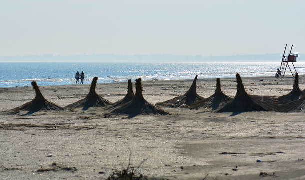 Sunny autumn morning on the shore of the Black sea at Navodari beach, Mamaia North, Romania