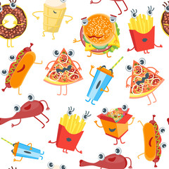 Cartoon Color Fast Food Characters Background Pattern. Vector