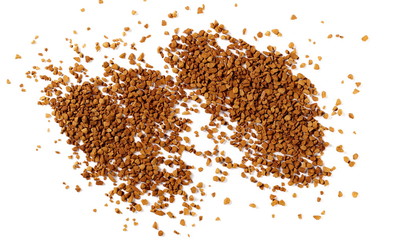 instant coffee grains isolated on white background and texture, top view