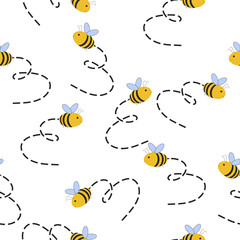 Vector seamless pattern illustration Flying honey Bees with tracks. Abstract simple style