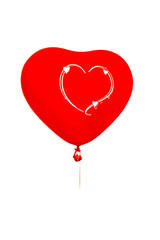 Fototapeta na wymiar Inflatable balloon, red in the shape of heart, isolated on white background. Close-up, flying toy