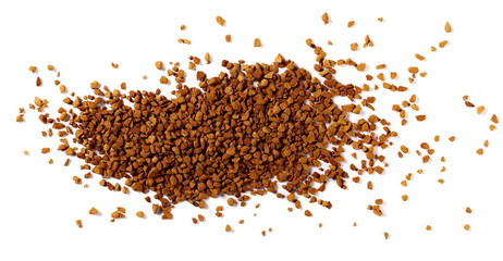 instant coffee grains isolated on white background and texture, top view