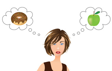 Girl thinking about food choice, apple or donut