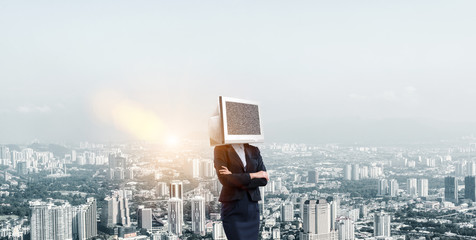 Business woman with monitor instead of head.