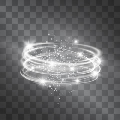 Vector silver light discs hazy effect. Cold glowing swirling storm cylinder of shining stardust sparkles on transparent background. Glittering blizzard funnel, ice cold magical illumination. - obrazy, fototapety, plakaty