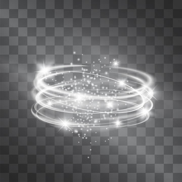 Vector silver light discs hazy effect. Cold glowing swirling storm cylinder of shining stardust sparkles on transparent background. Glittering blizzard funnel, ice cold magical illumination.