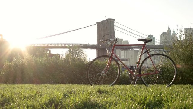 Vintage Red Bike under Brooklyn Bridge