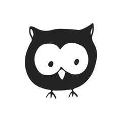 Cute hand drawn nursery poster with cartoon owl in scandinavian style. Monochrome vector illustration