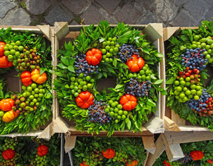 Autumn bouquet ripe wreath in wood box